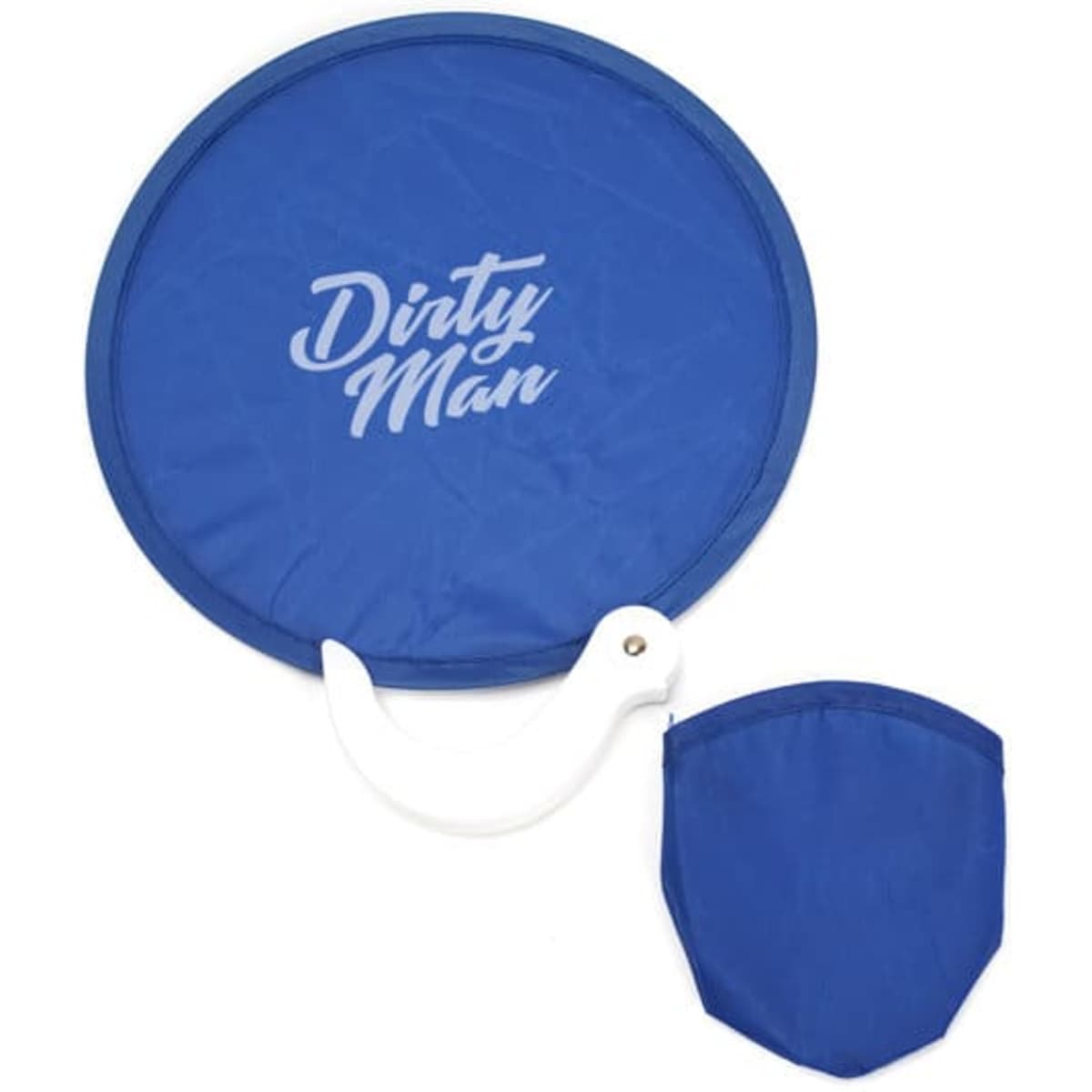 A blue custom nylon folding fan with a white handle and a matching pouch for storage.