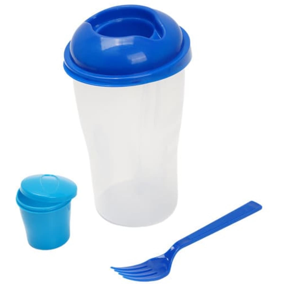 A drink bottle with a blue lid, accompanied by a small blue container and a blue fork, all in transparent material.