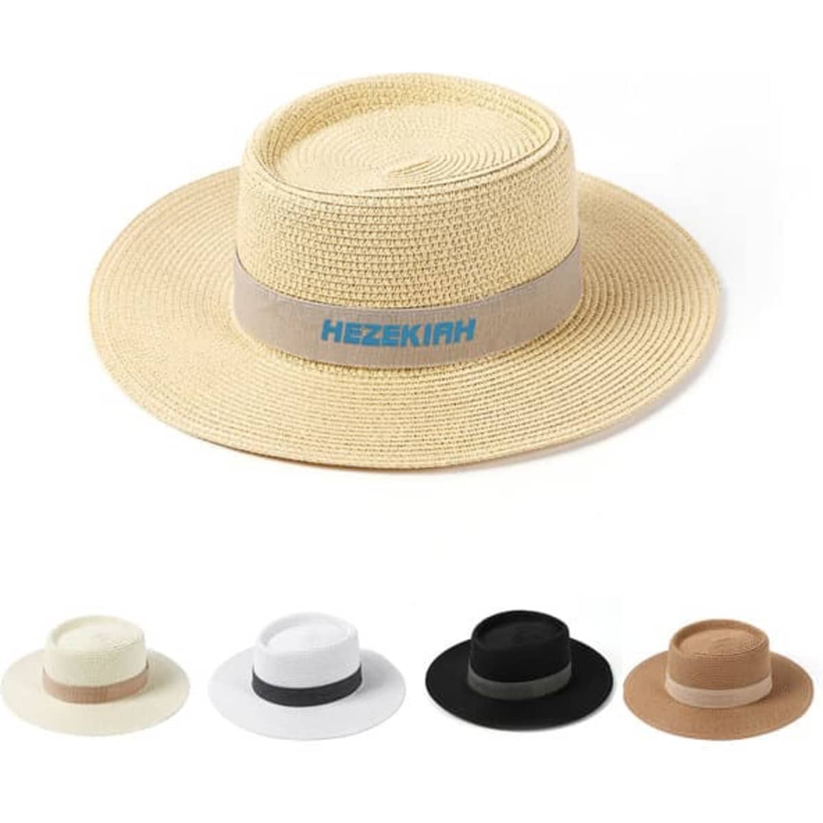 A wide-brimmed Panama straw hat in natural with a beige band, alongside options in white, black, and brown.
