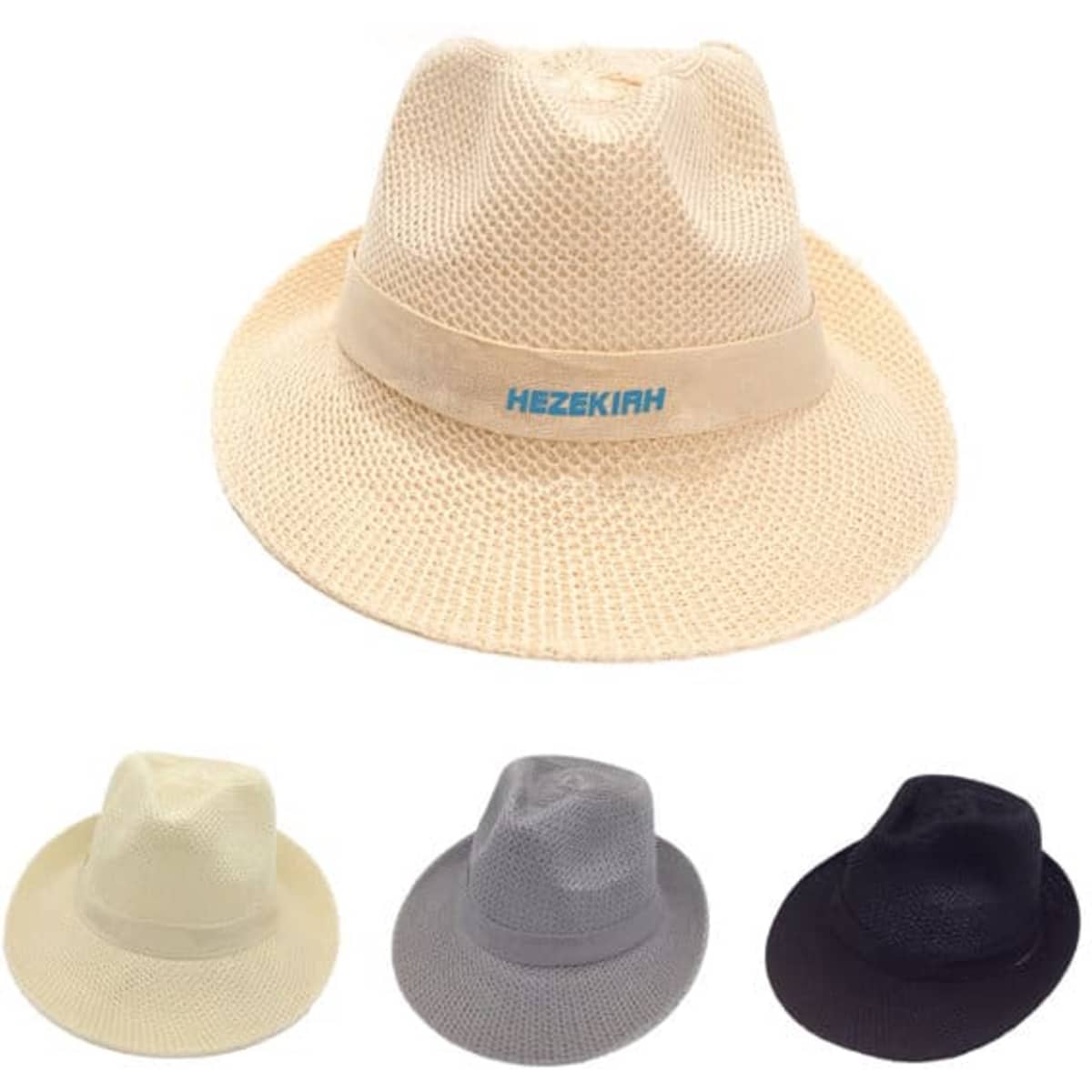 A wide brim Panama hat in beige, with a band featuring a logo, accompanied by grey and black variations.