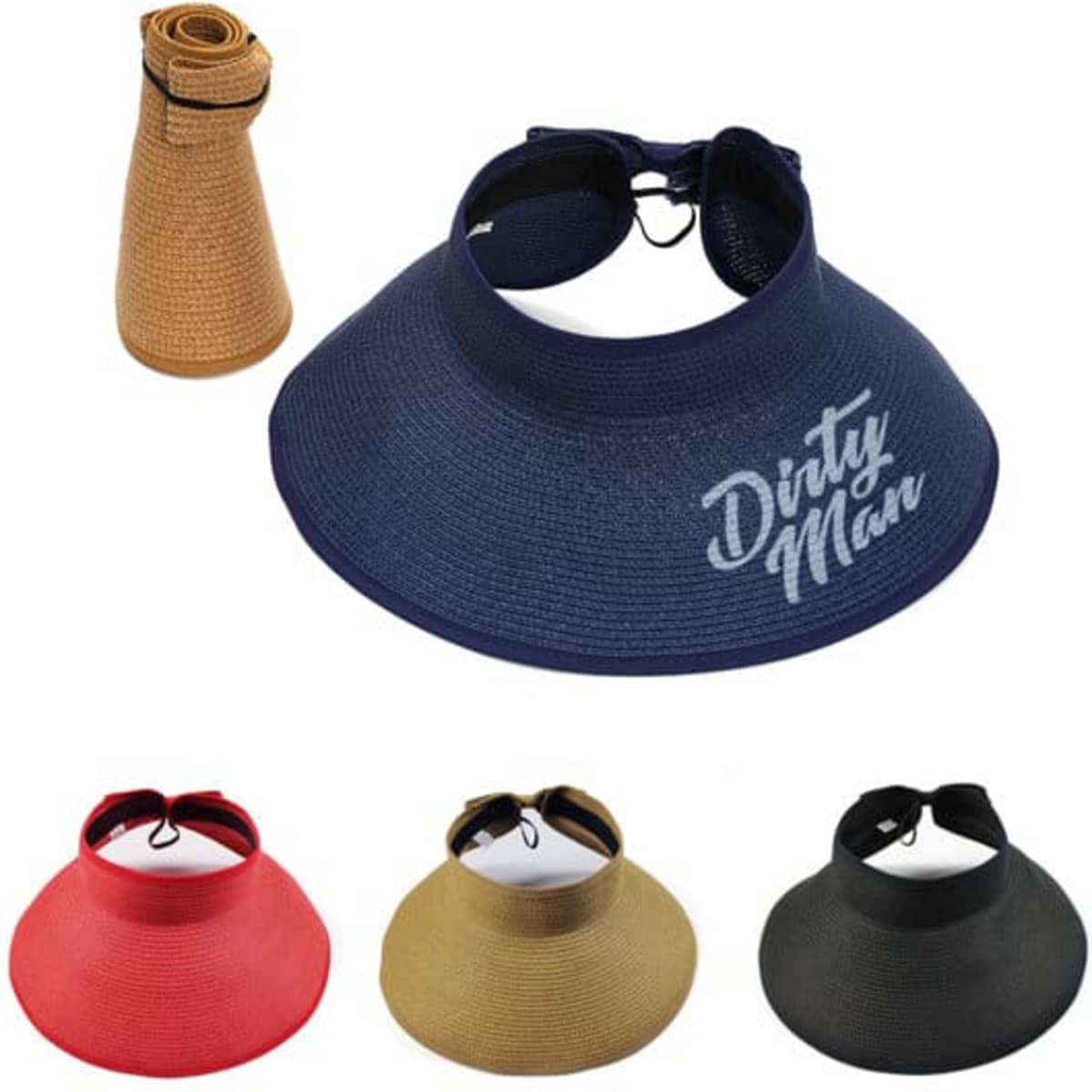 A foldable wide brim hat featuring a bow, available in navy, red, black, and beige, with a logo displayed.