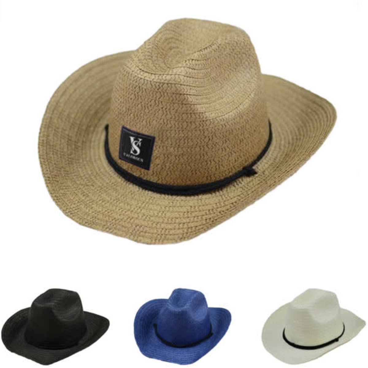 A straw cowboy hat in tan with a dark band and logo, alongside black, blue, and white versions below.