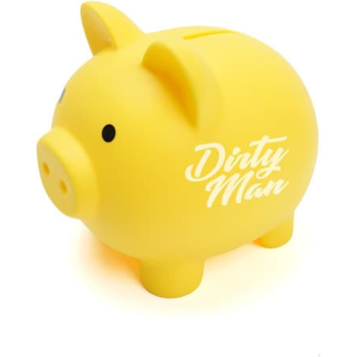 A yellow piggy bank with a simple design and a brand logo on its side.
