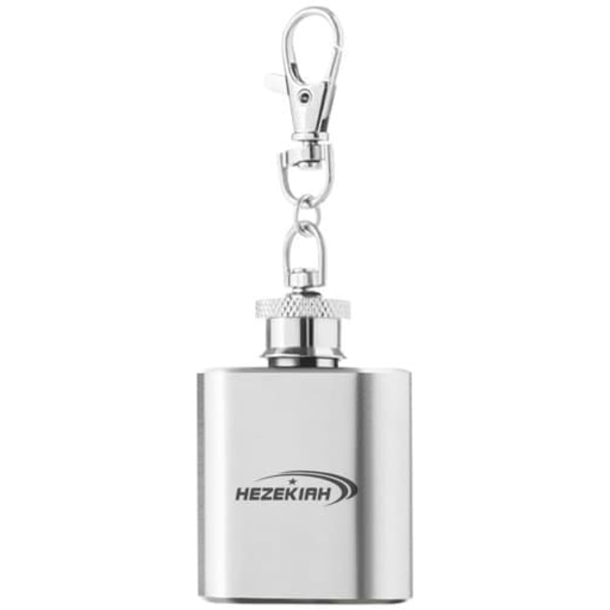 A stainless steel flask keychain with a silver finish and a clip. It features a logo on the front.