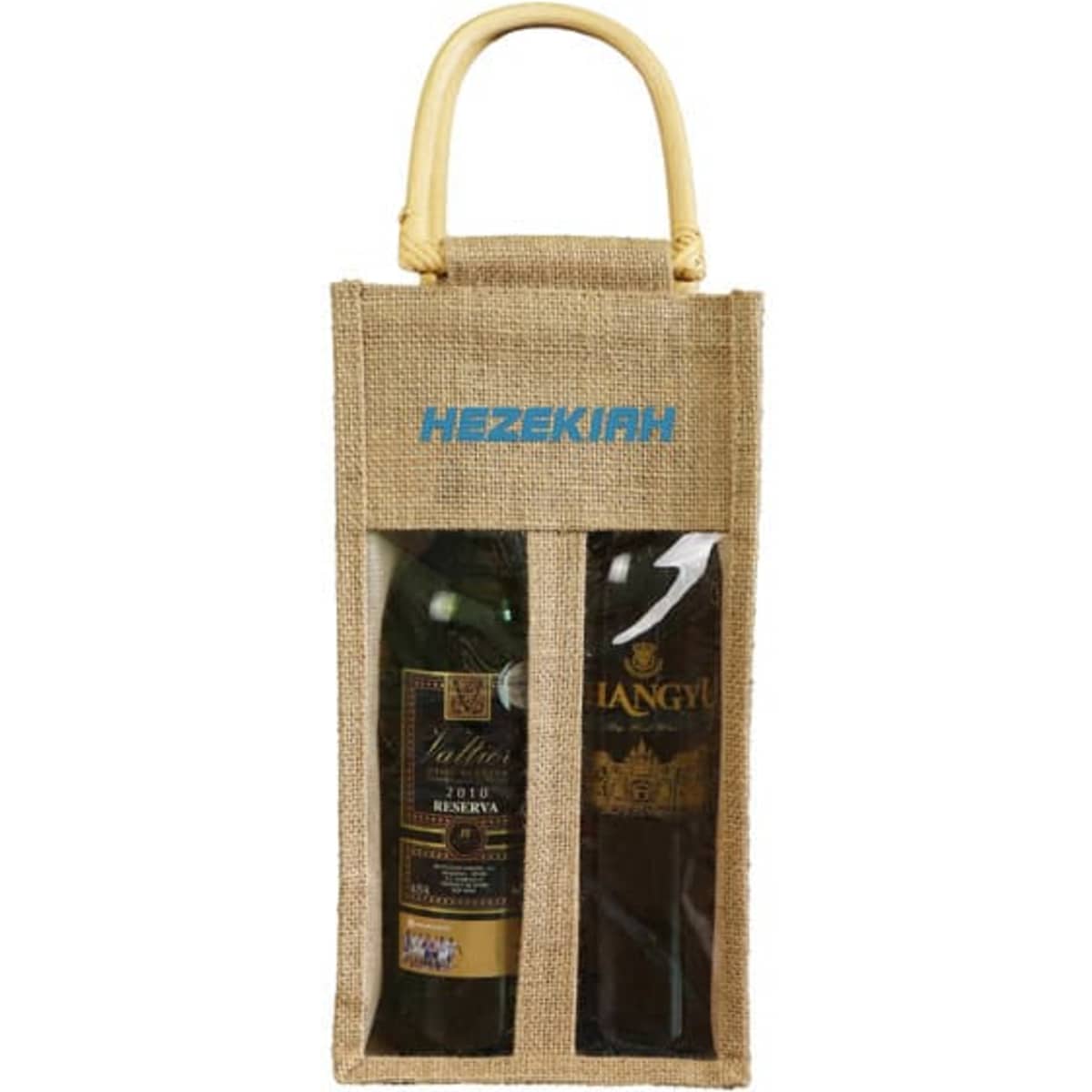 A jute wine bag in natural colour with a clear window, designed to hold two bottles, featuring a handle and a logo.