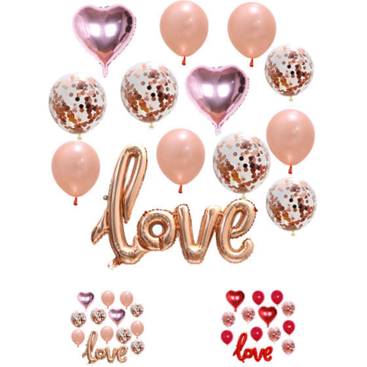A set of rose gold, pink, and white balloons, including heart shapes and confetti designs, along with a large "love" balloon.