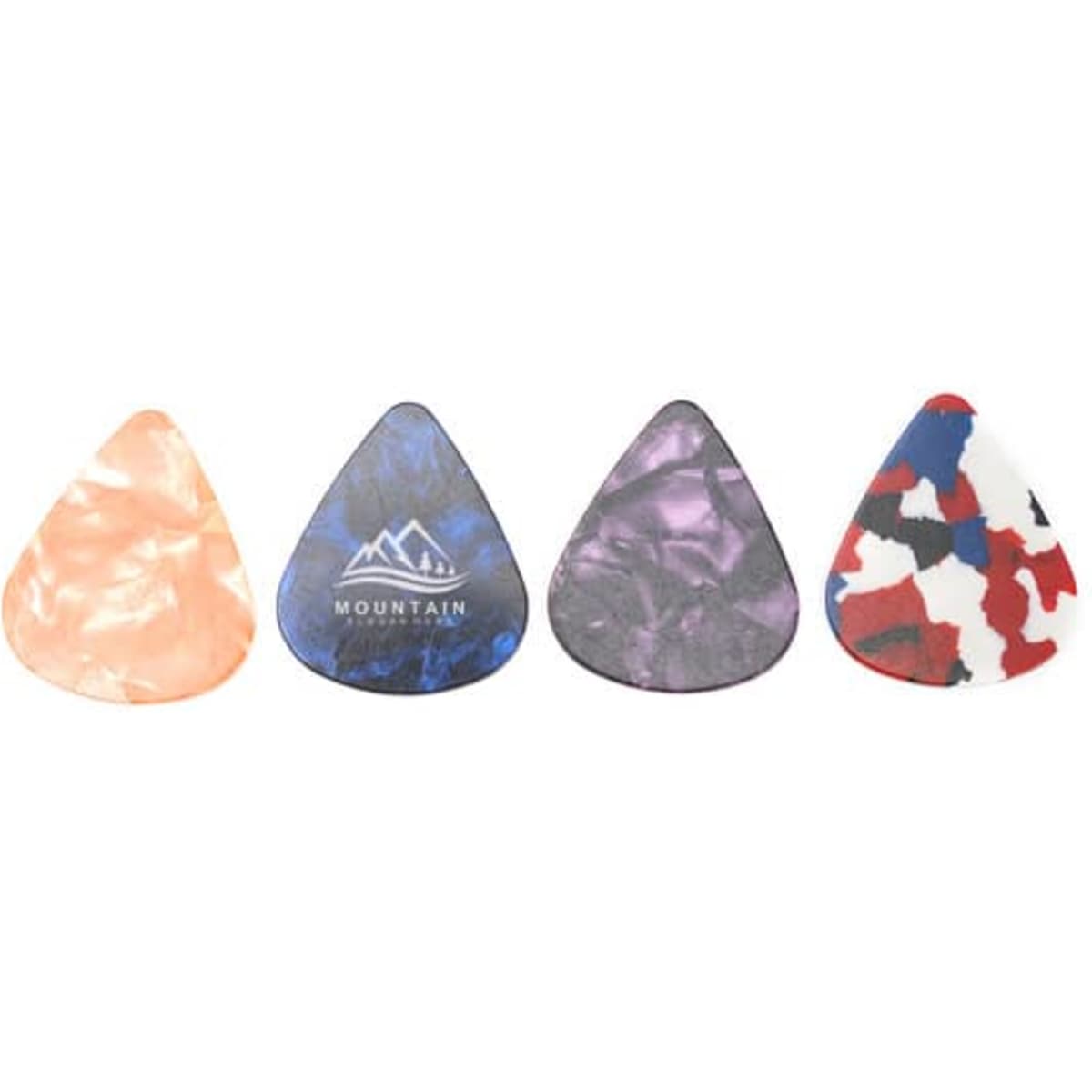 Four celluloid guitar picks in varying colours, including peach, blue, purple, and a multicoloured design, all with a logo.