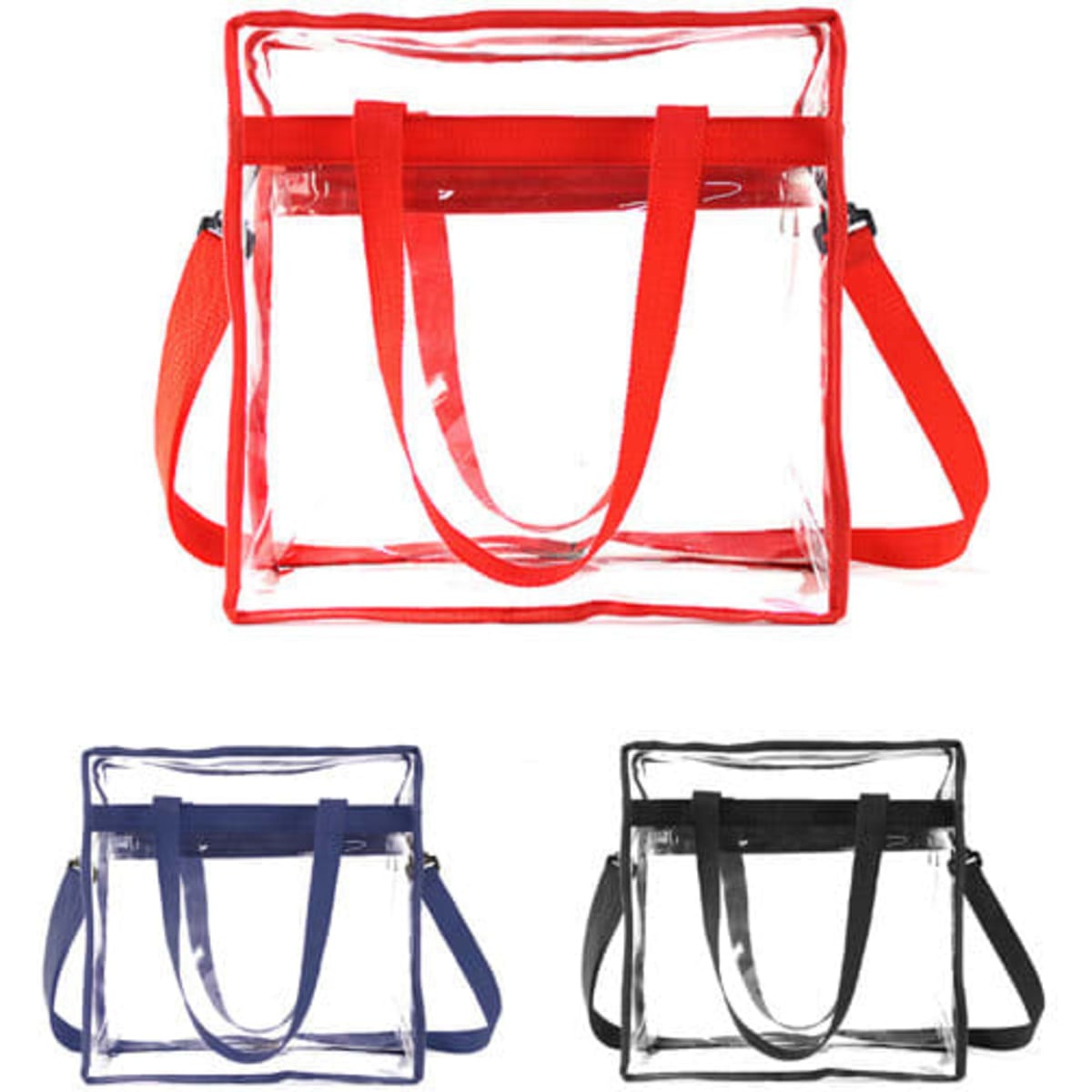 A clear zippered tote bag with red, blue, and black shoulder straps, featuring a transparent main compartment.