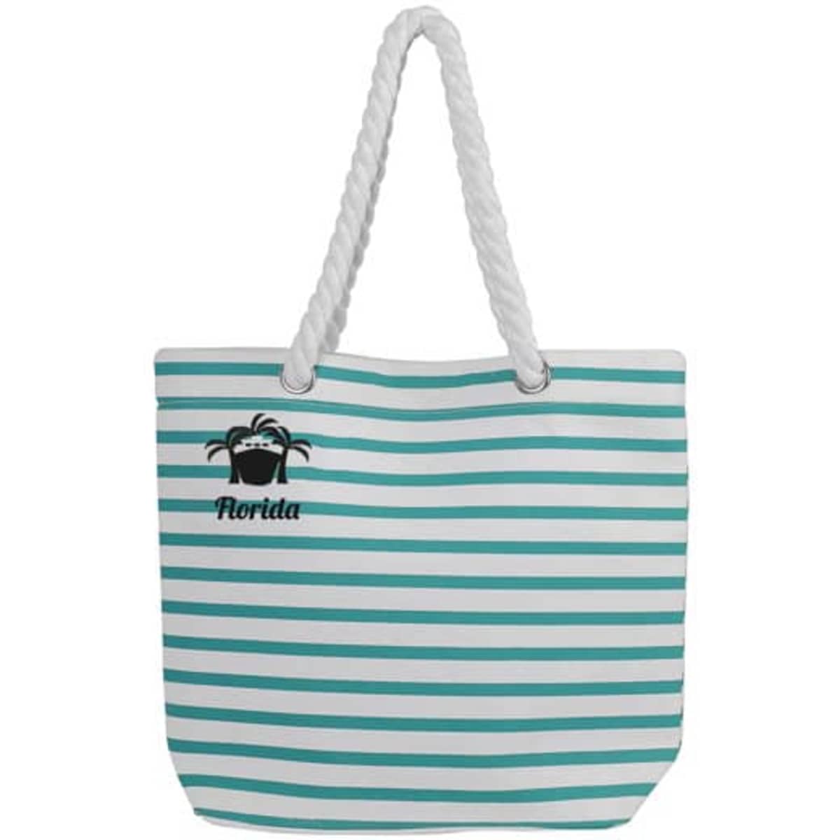 Striped beach bag with a rope strap in white and teal, featuring a logo.