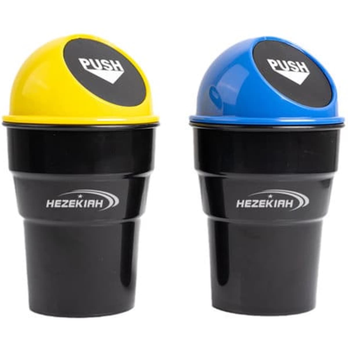 Two mini car trash cans in black with yellow and blue lids, each featuring a logo.