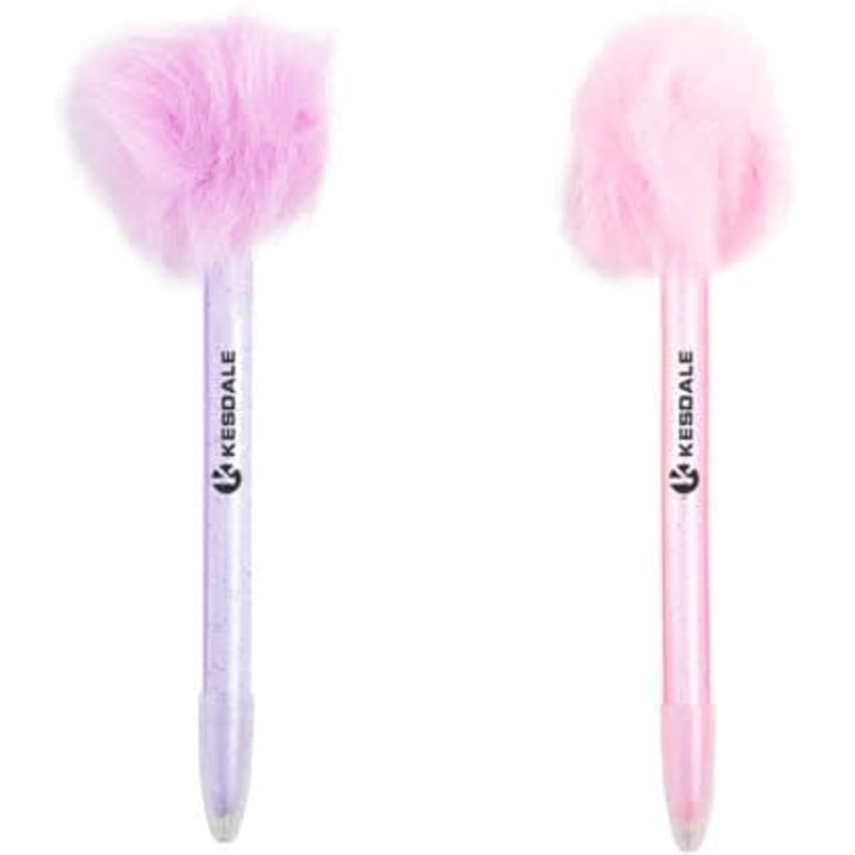 Two ballpoint pens with fluffy tops in light purple and pink, featuring a logo on each pen.