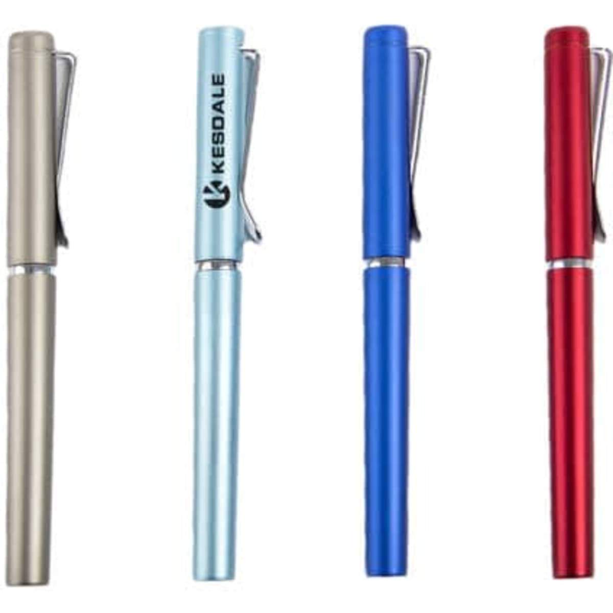 Four metallic plastic clip U-shaped gel pens in gold, light blue, blue, and red, each featuring a logo.