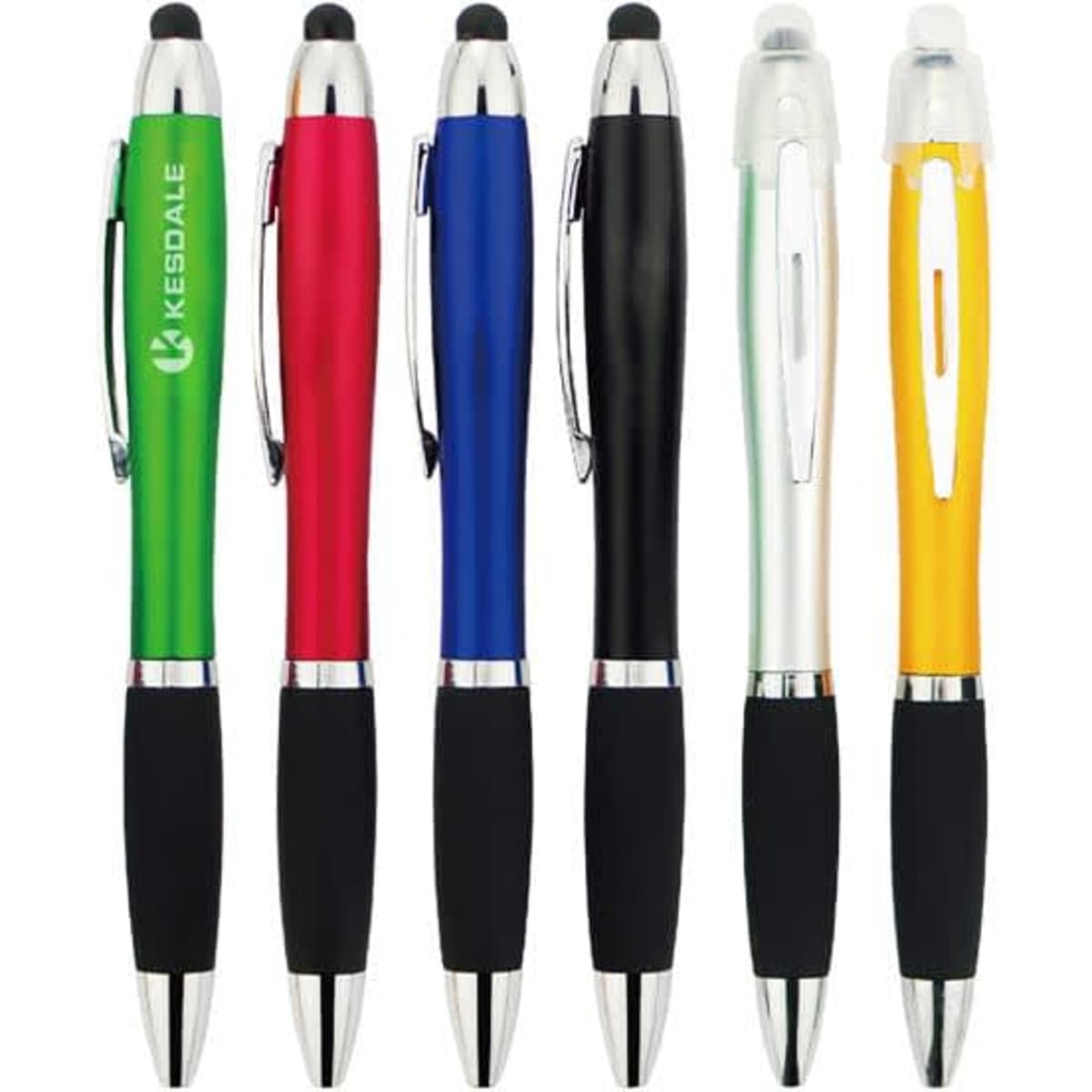 A collection of six stylish ballpoint pens in green, red, blue, black, silver, and yellow, featuring a logo on one pen.
