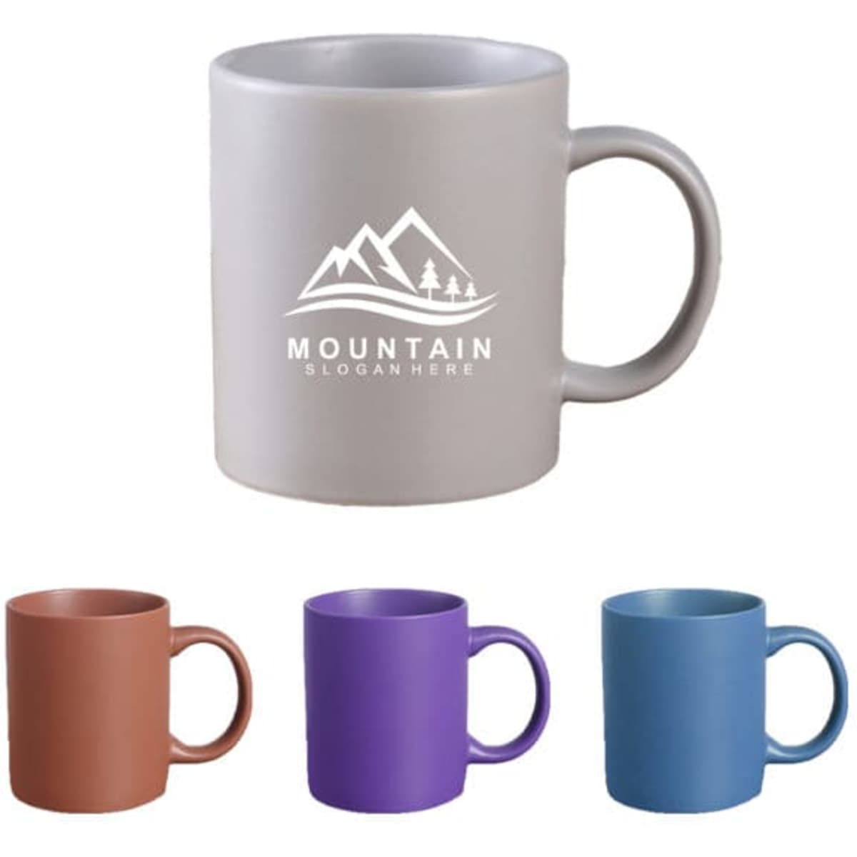 A collection of ceramic coffee mugs in grey, brown, purple, and blue, featuring a logo on the grey mug.
