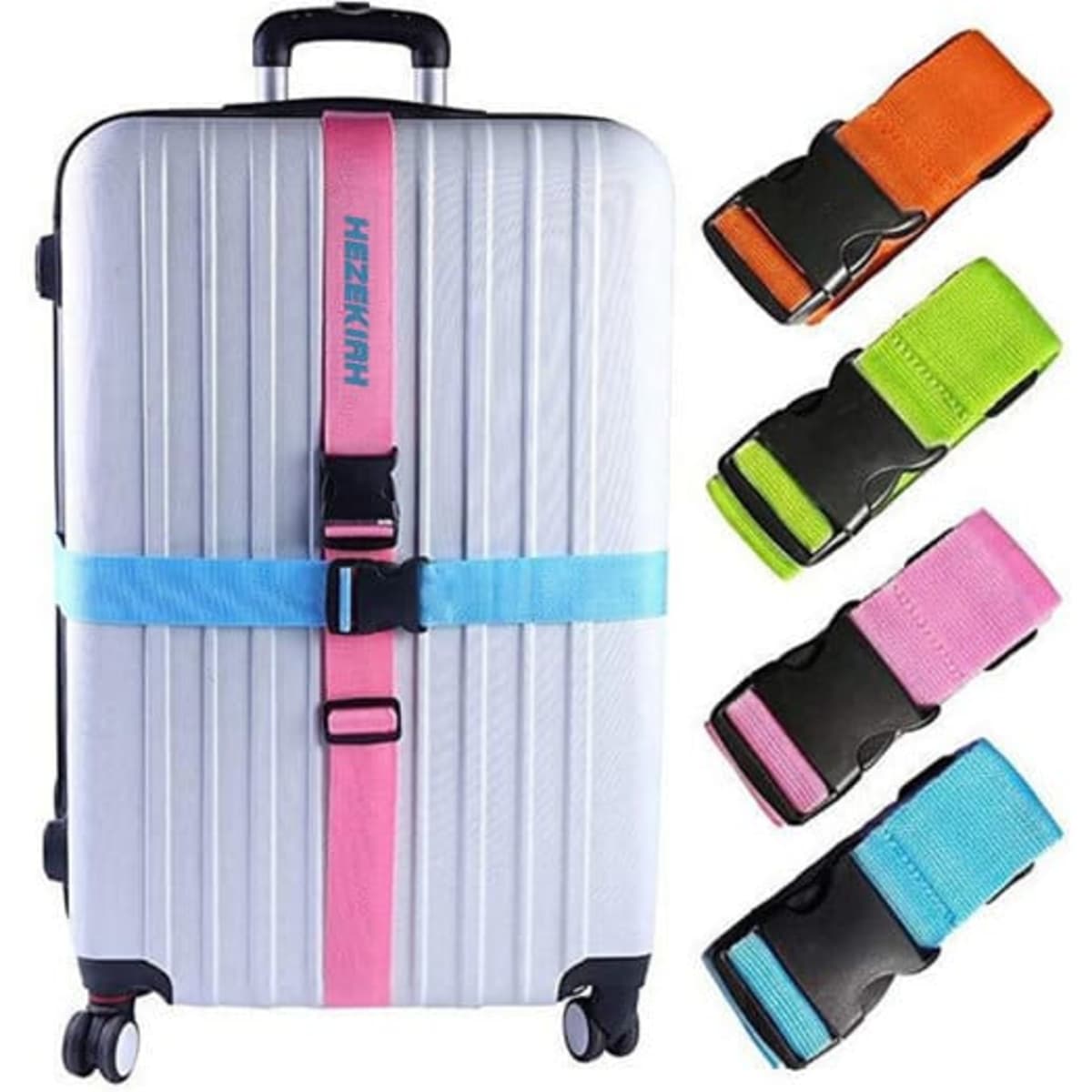 A silver suitcase secured with a pink and blue custom luggage strap, alongside orange, green, and pink straps displayed.