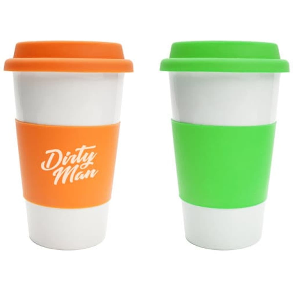 A ceramic mug set with silicone lids and sleeves in orange and green. Each mug has a logo and a white body.