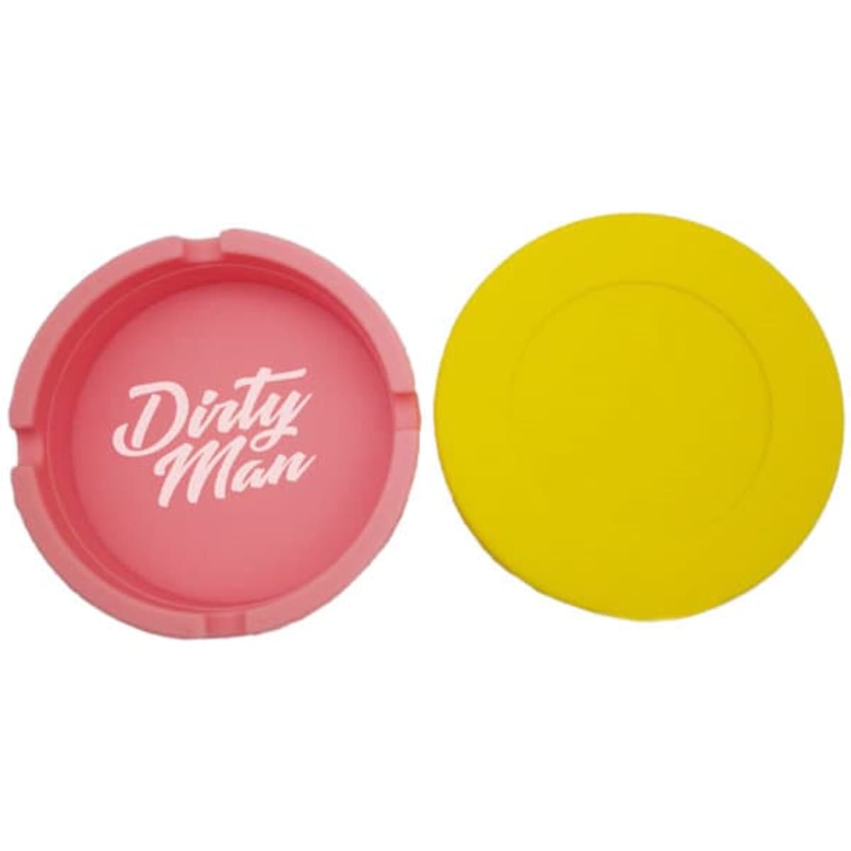 A round ashtray in pink and yellow silicone, featuring a logo on the pink side.