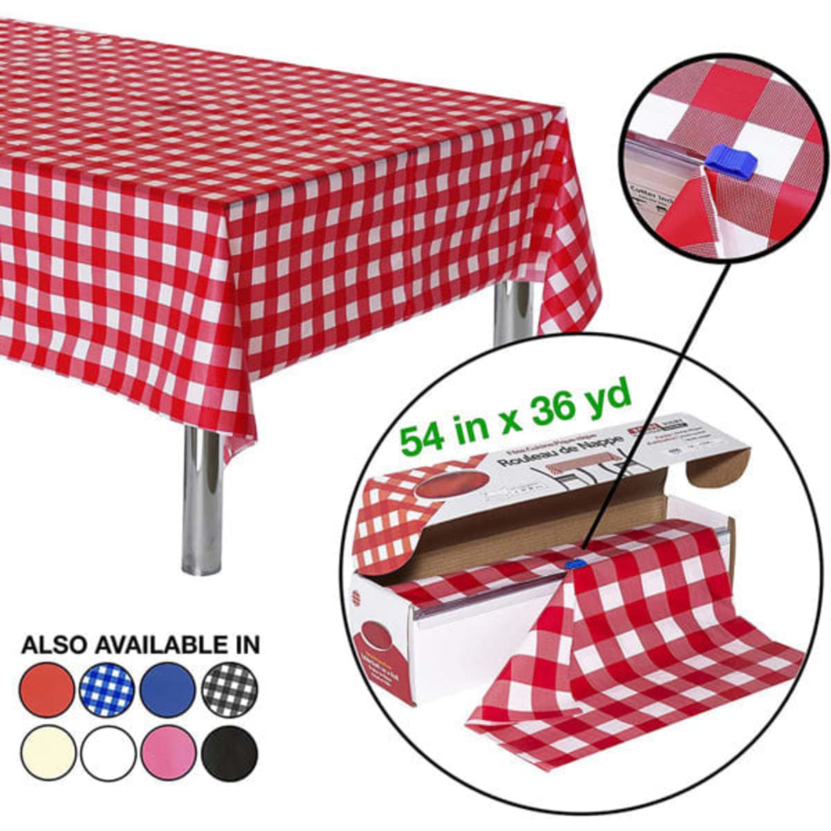 A red and white checkered tablecloth with a fitted edge, displayed on a table, with a box featuring other colour options.