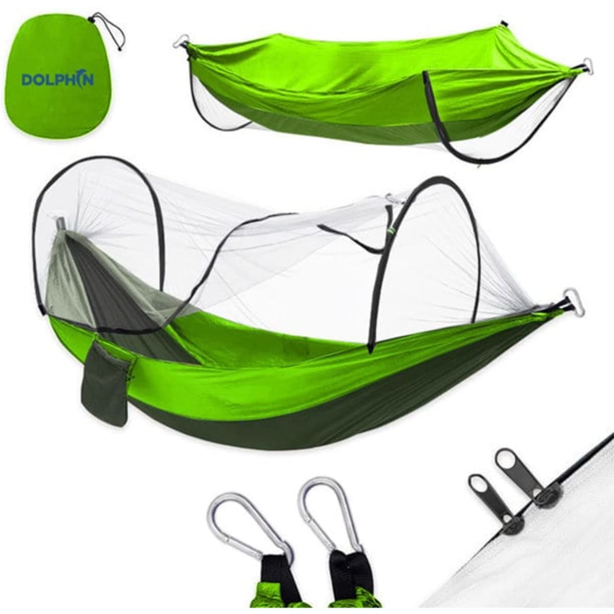 A green fully automatic camping hammock with a mosquito net and matching storage pouch. Includes clips for setup.