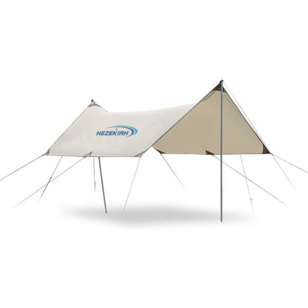 A waterproof sunshade canopy in cream and beige with poles and guy ropes, featuring a logo. Ideal for outdoor use.