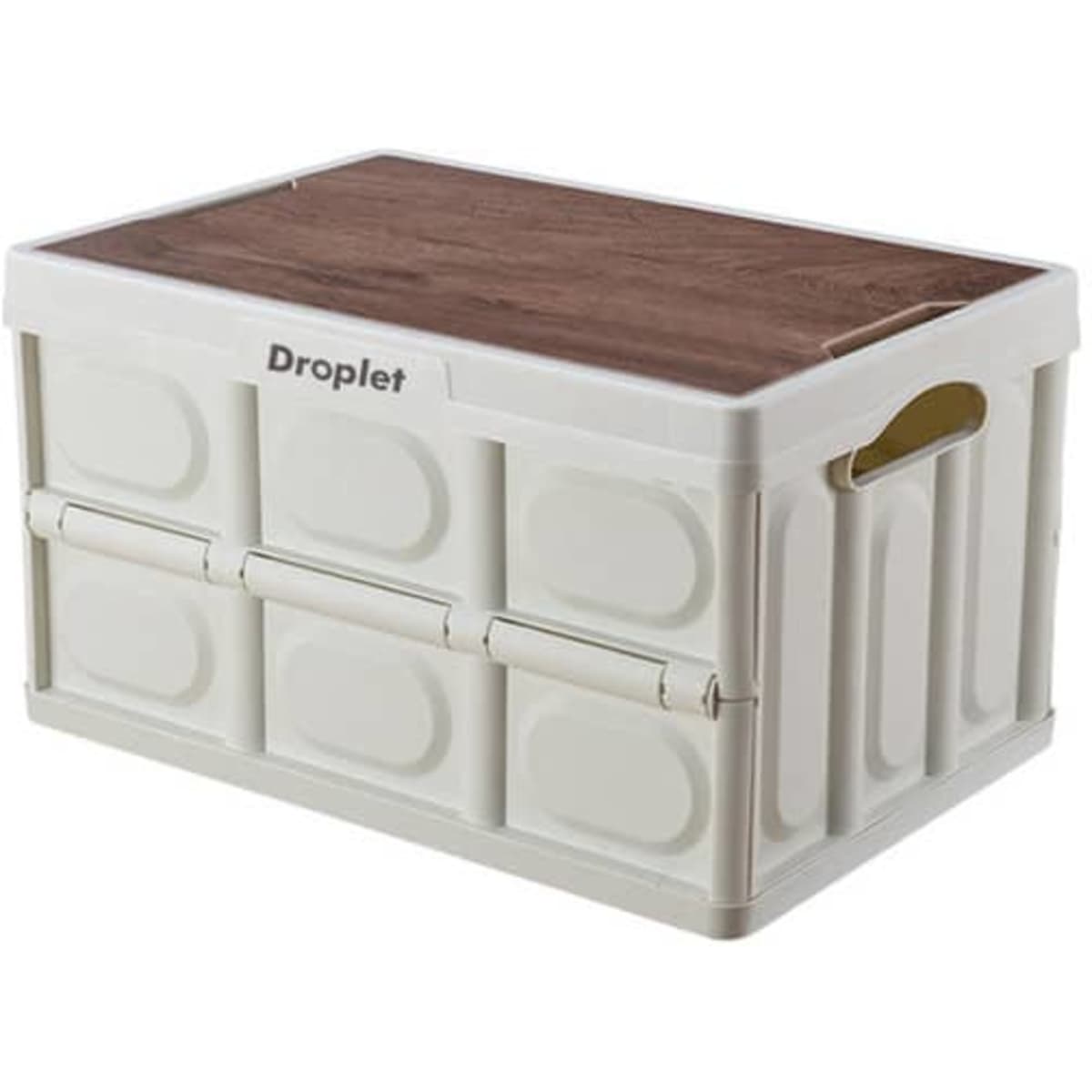 A white collapsible storage bin with a wood lid and a branding logo. Suitable for outdoor use.
