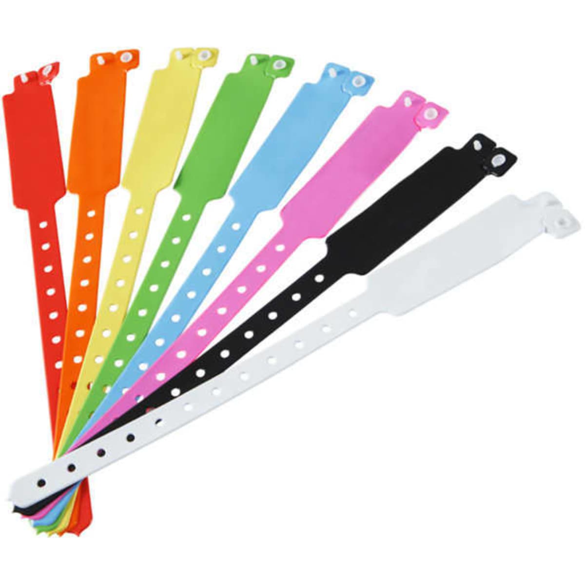 A collection of PVC custom adjustable wristbands in various colours including red, orange, yellow, green, pink, black, and white.