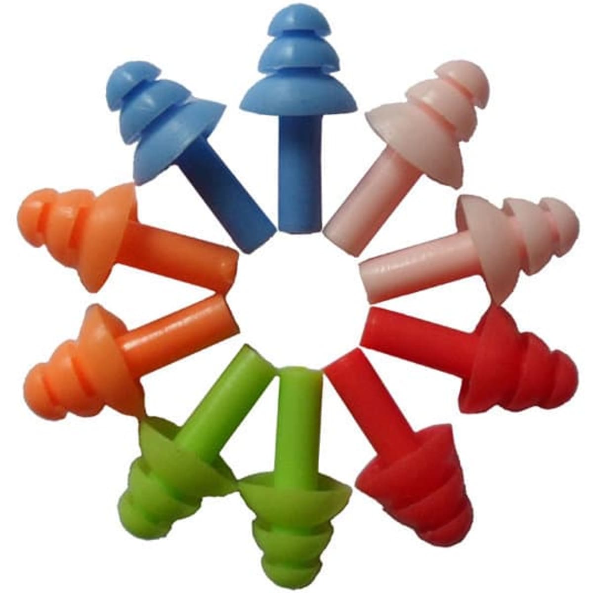 A circle of reusable silicone swimming earplugs in blue, pink, orange, green, and red, featuring a variety of shapes.