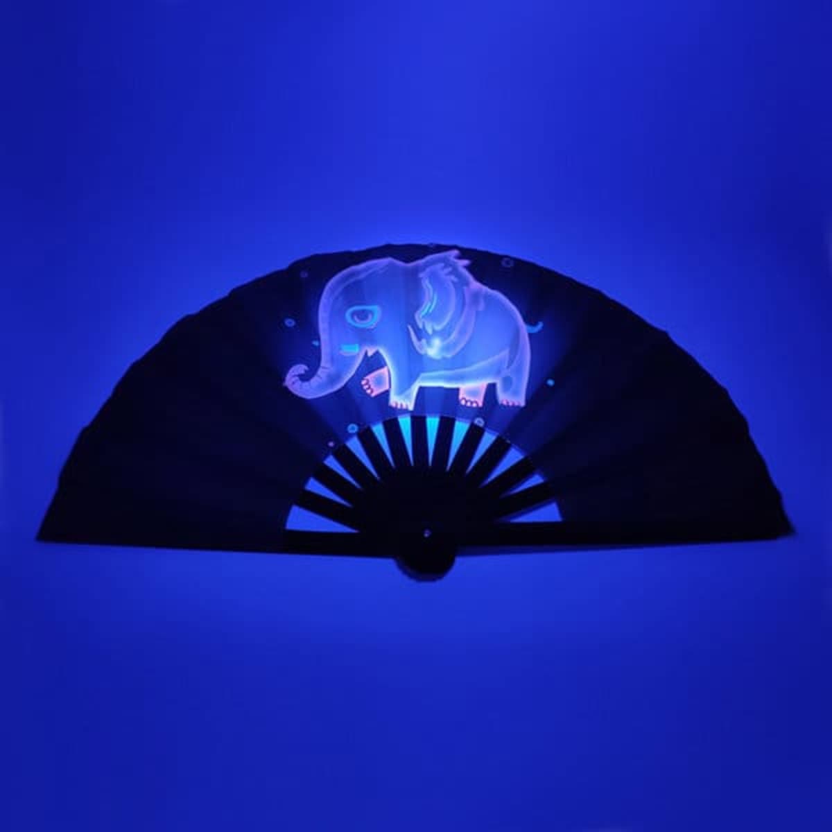 A customised fluorescent hand fan with a blue elephant design against a dark background. It features a decorative logo.