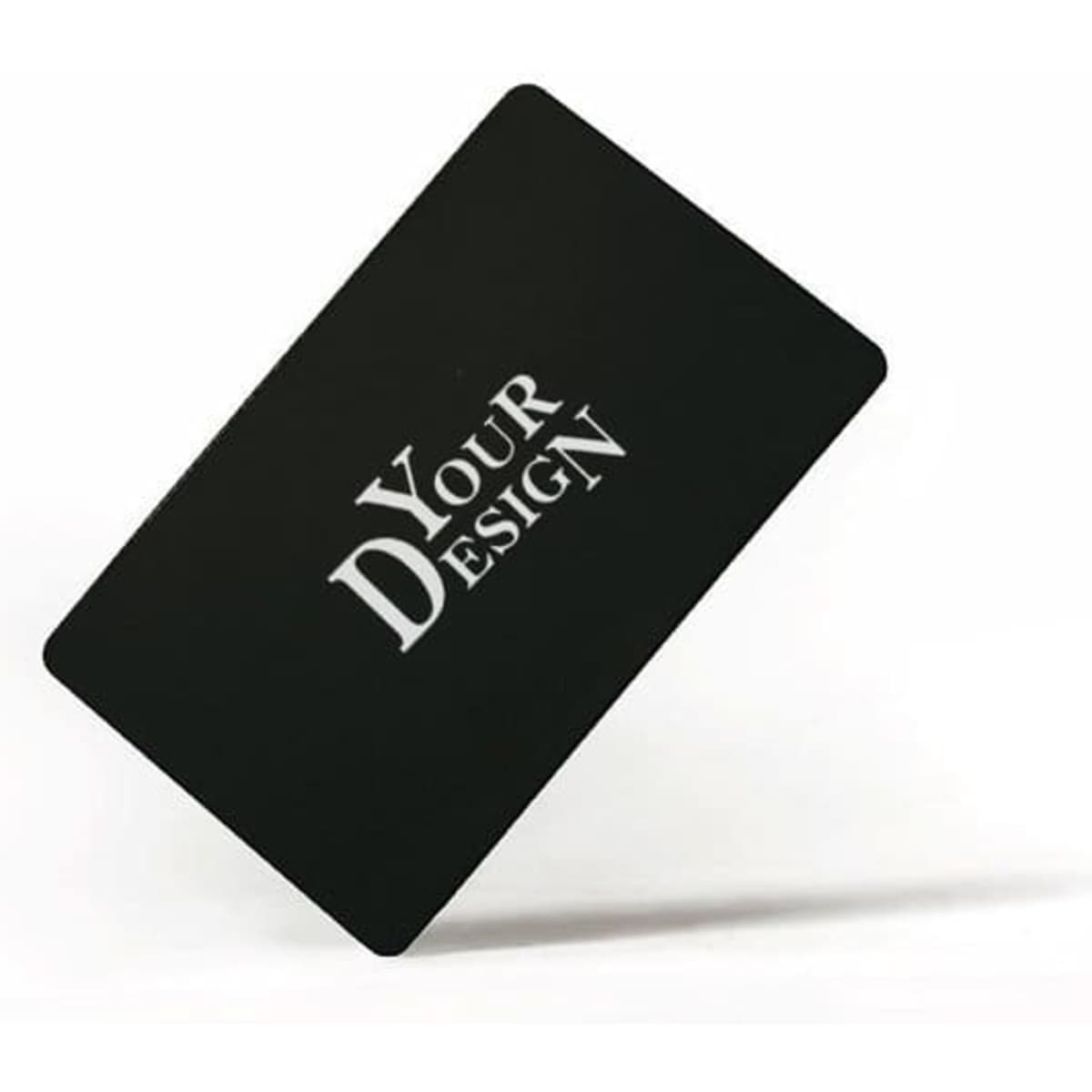 A black PVC magnetic stripe card featuring a design template and a logo.