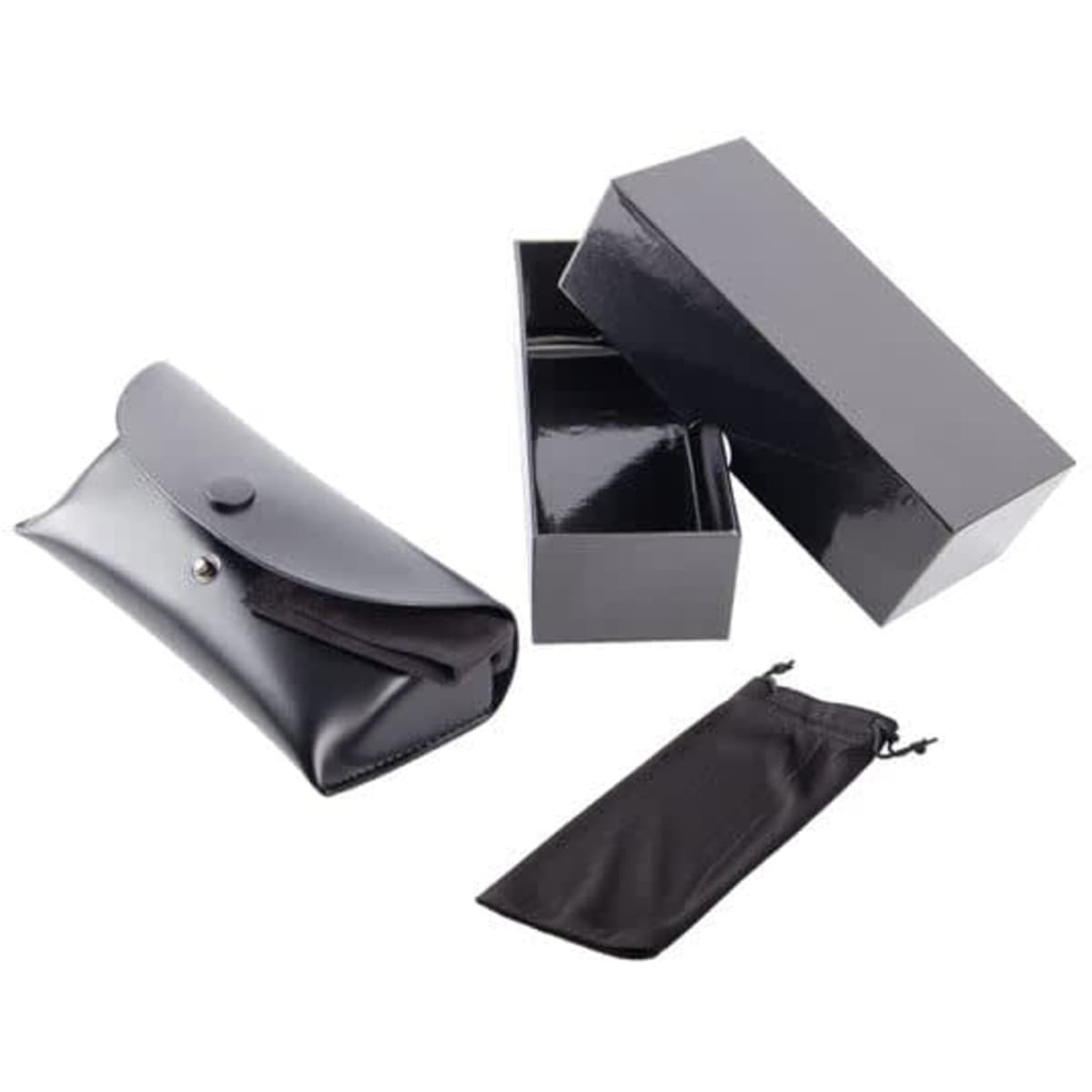 A black portable sunglass box set including a pouch and a sleek, glossy outer box. Features a logo.
