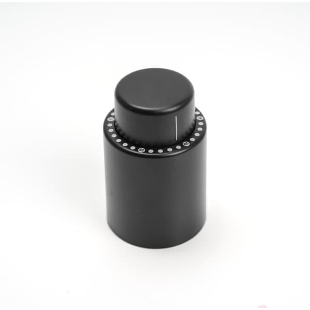 A black wine stopper featuring a time scale, with a smooth rounded top and a circular base.