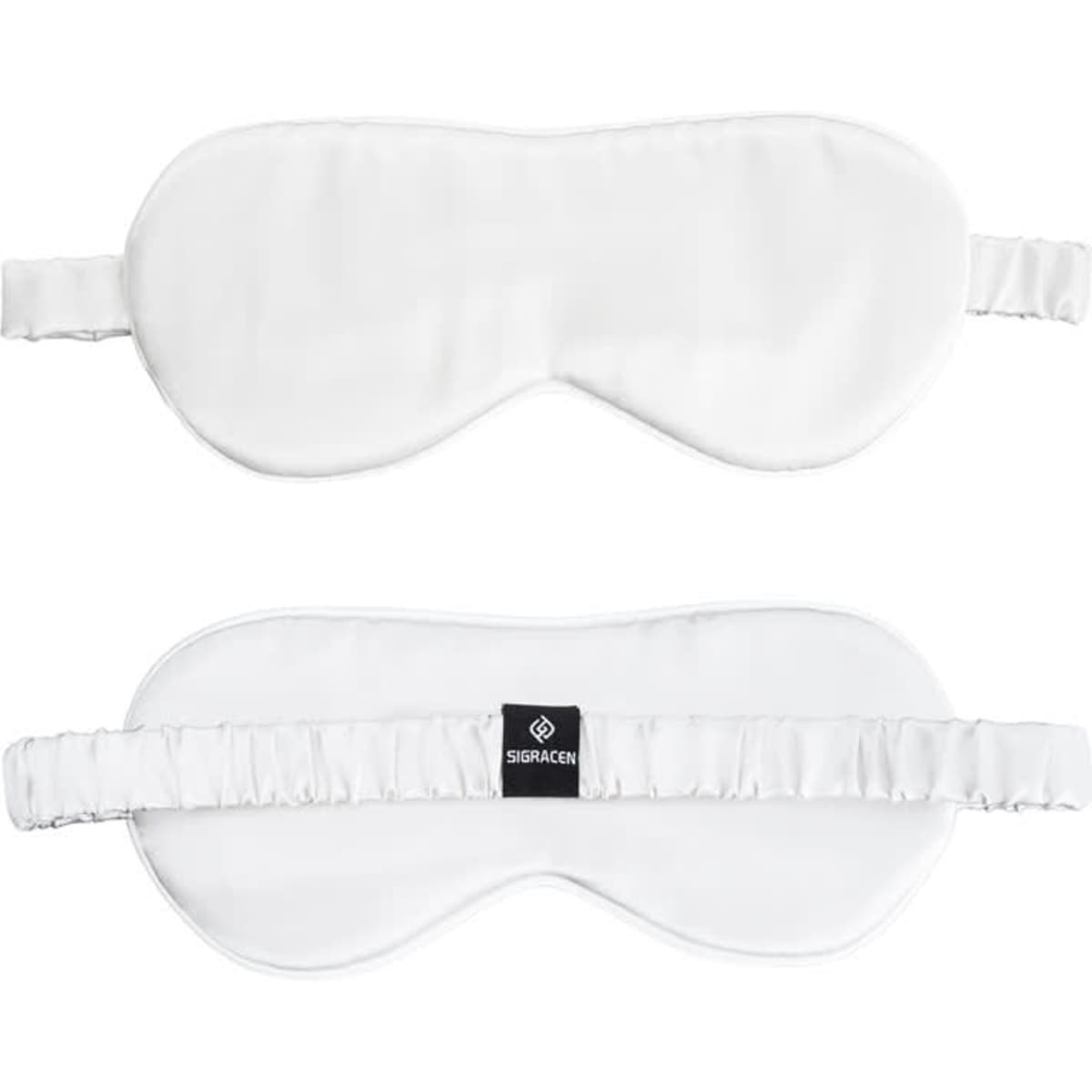 A white mulberry silk sleep mask set with elastic straps and a logo on one side.