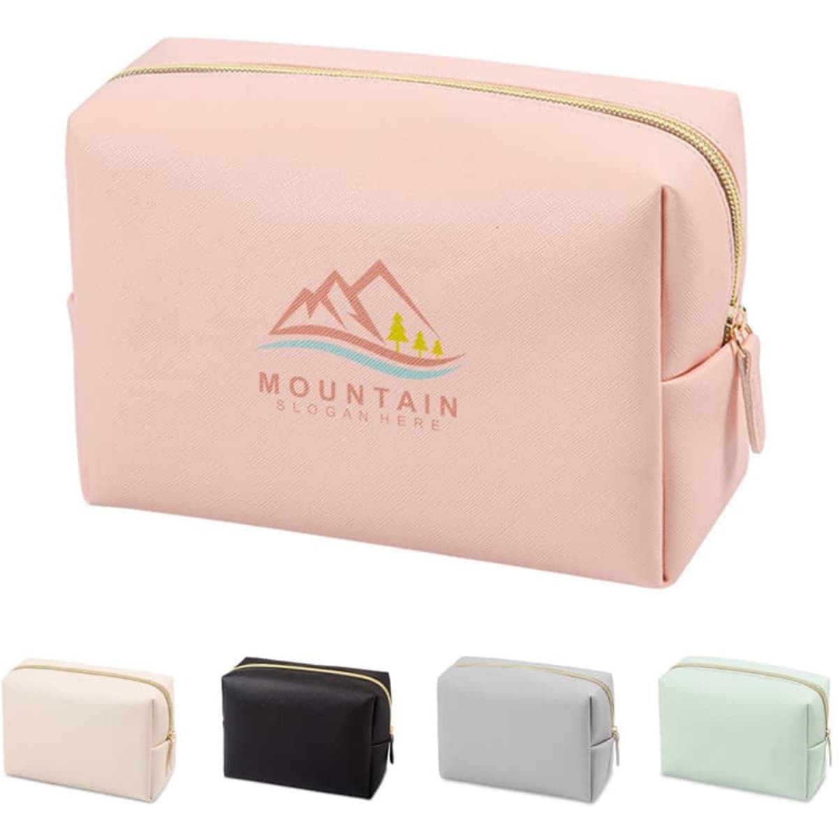 A large capacity PVC cosmetic bag in pink, featuring a logo, with options in black, grey, and mint.