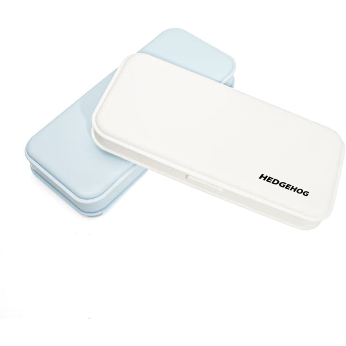 A rectangular plastic custom pencil box in white and light blue with a logo on one side.