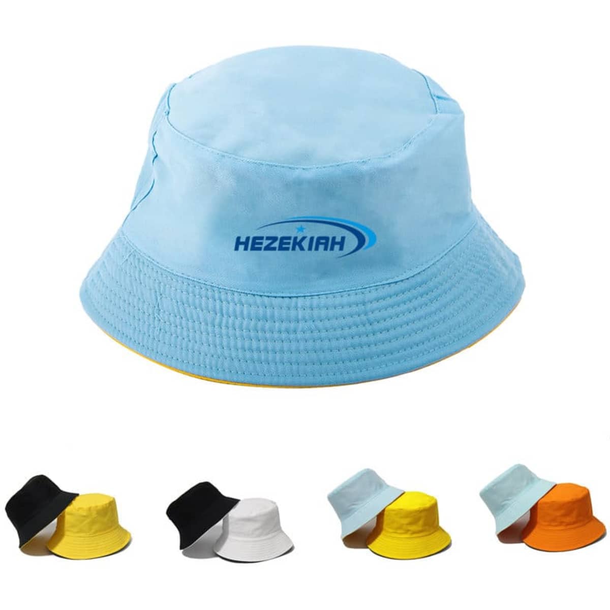 A light blue reversible bucket hat with a logo, displayed alongside hats in black, white, yellow, and teal.
