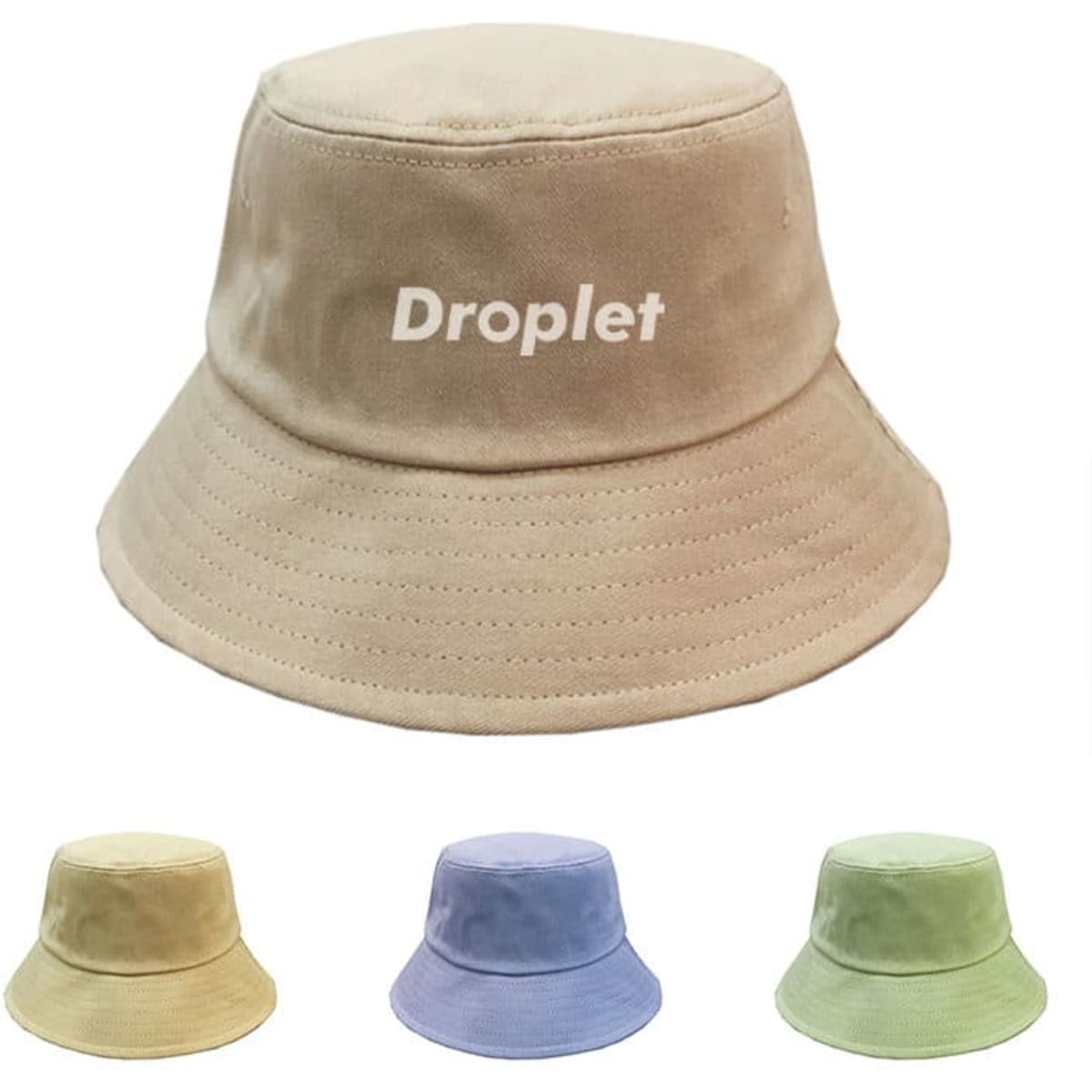 A unisex lightweight bucket hat in beige, featuring a logo and accompanied by green, yellow, and blue variations.