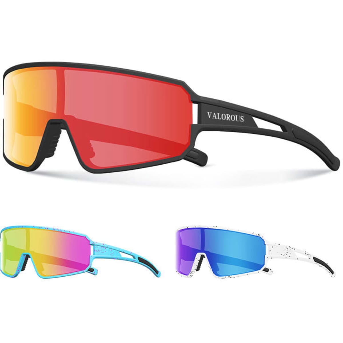 Cycling glasses with black frames and red mirrored lenses, plus two additional pairs in blue and rainbow tones.