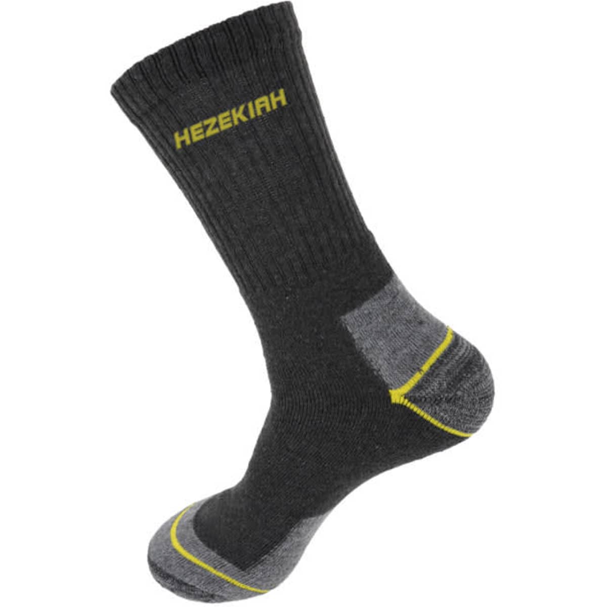 A pair of black recycled cotton socks with grey accents and a logo. Features a ribbed cuff and terry sole.