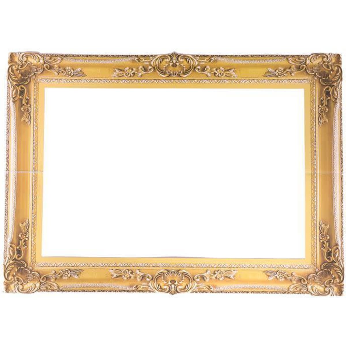 A gold ornate photo booth frame prop with intricate detailing and a blank centre for photos.