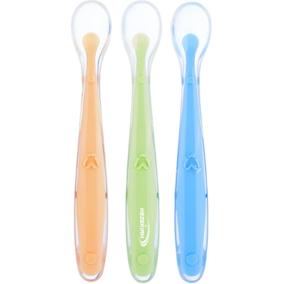 Three soft silicone baby spoons in orange, green, and blue, displayed together with a transparent storage box.