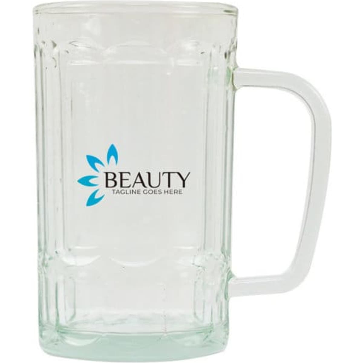 A glass beer mug with a clear finish, featuring a logo on one side and a sturdy handle.