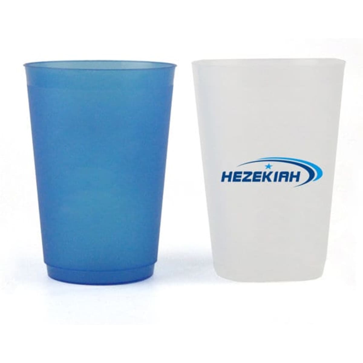 A drink cup set featuring a blue frosted plastic cup and a clear frosted plastic cup with a logo.