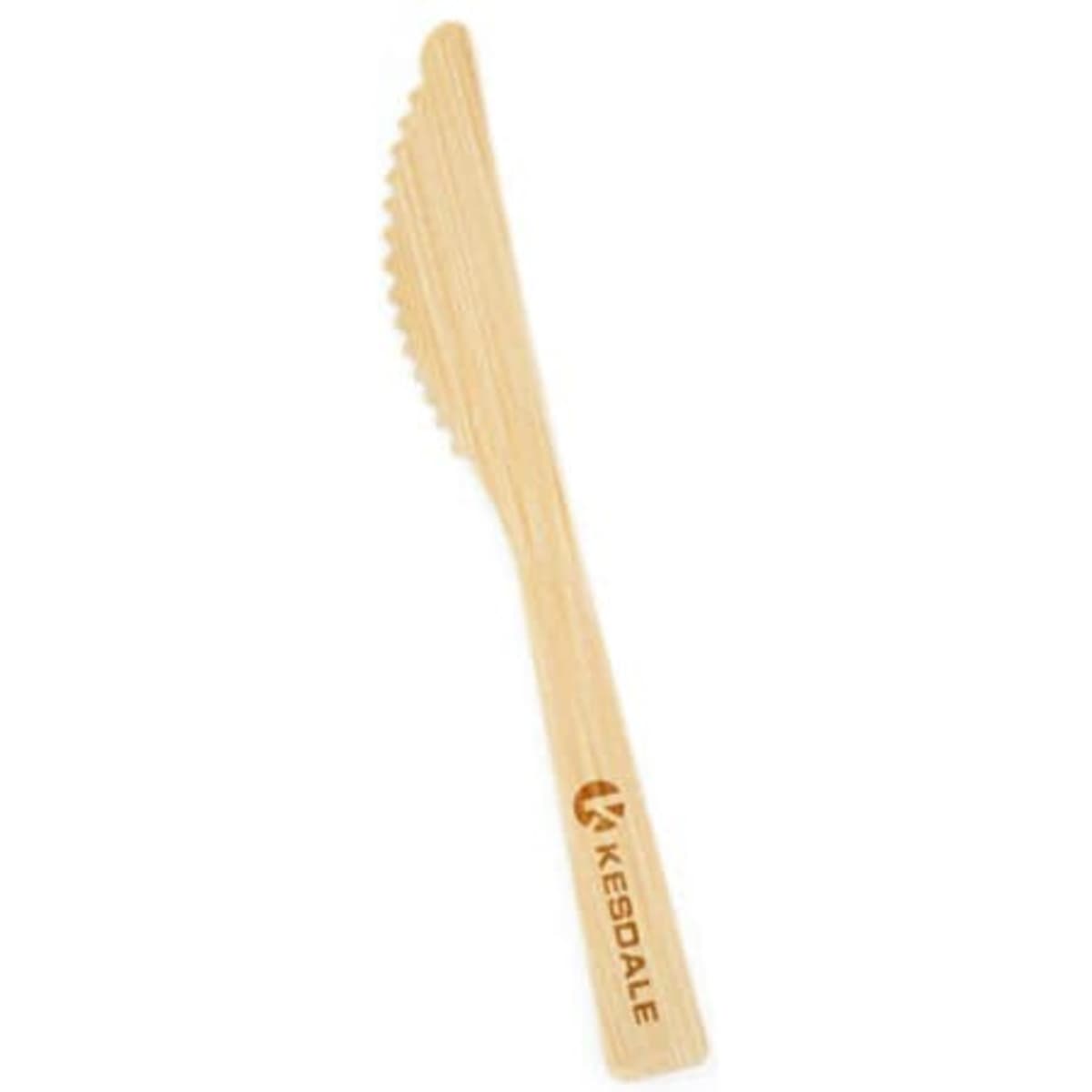 A biodegradable bamboo knife in a natural light brown colour with a serrated edge and a logo on the handle.