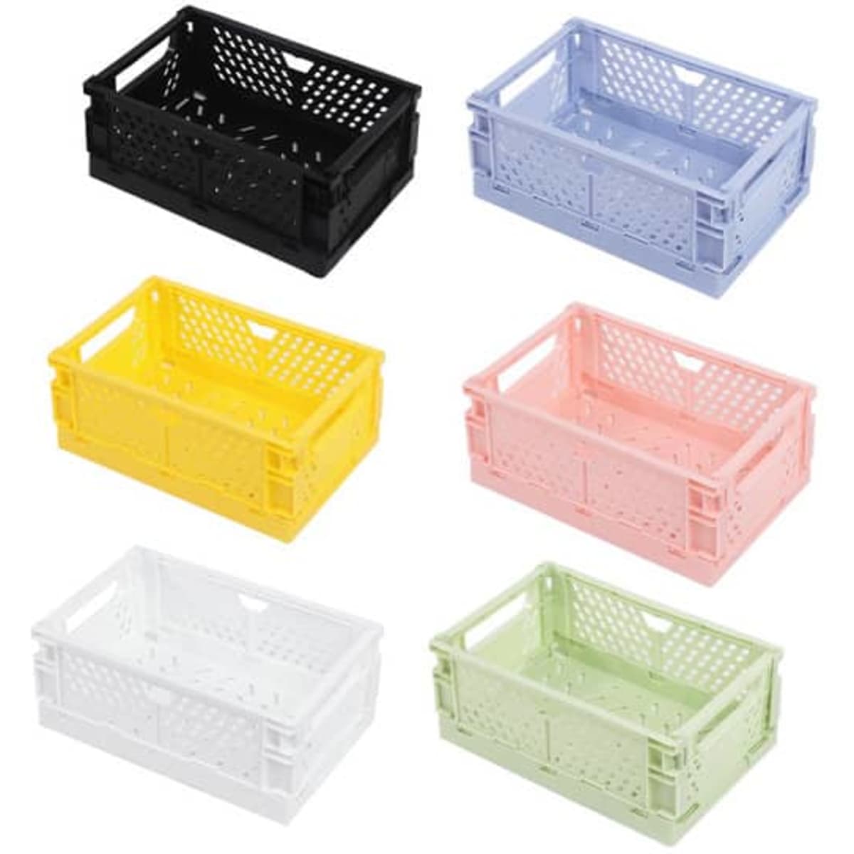 A collection of six medium folding plastic storage baskets in black, light blue, pink, yellow, white, and light green.
