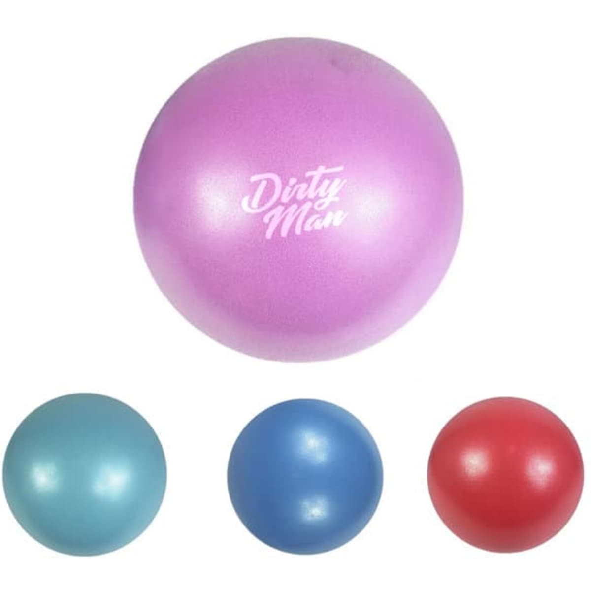 A set of four small PVC Pilates balls in pink, blue, teal, and red, with one ball featuring a logo.