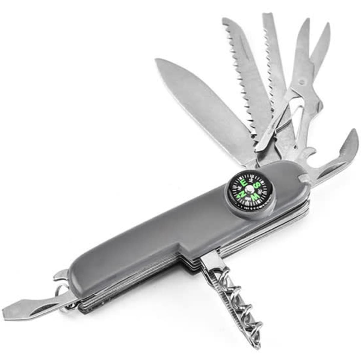 A multifunction knife in grey featuring various tools and a compass on the handle. It has a metallic finish.