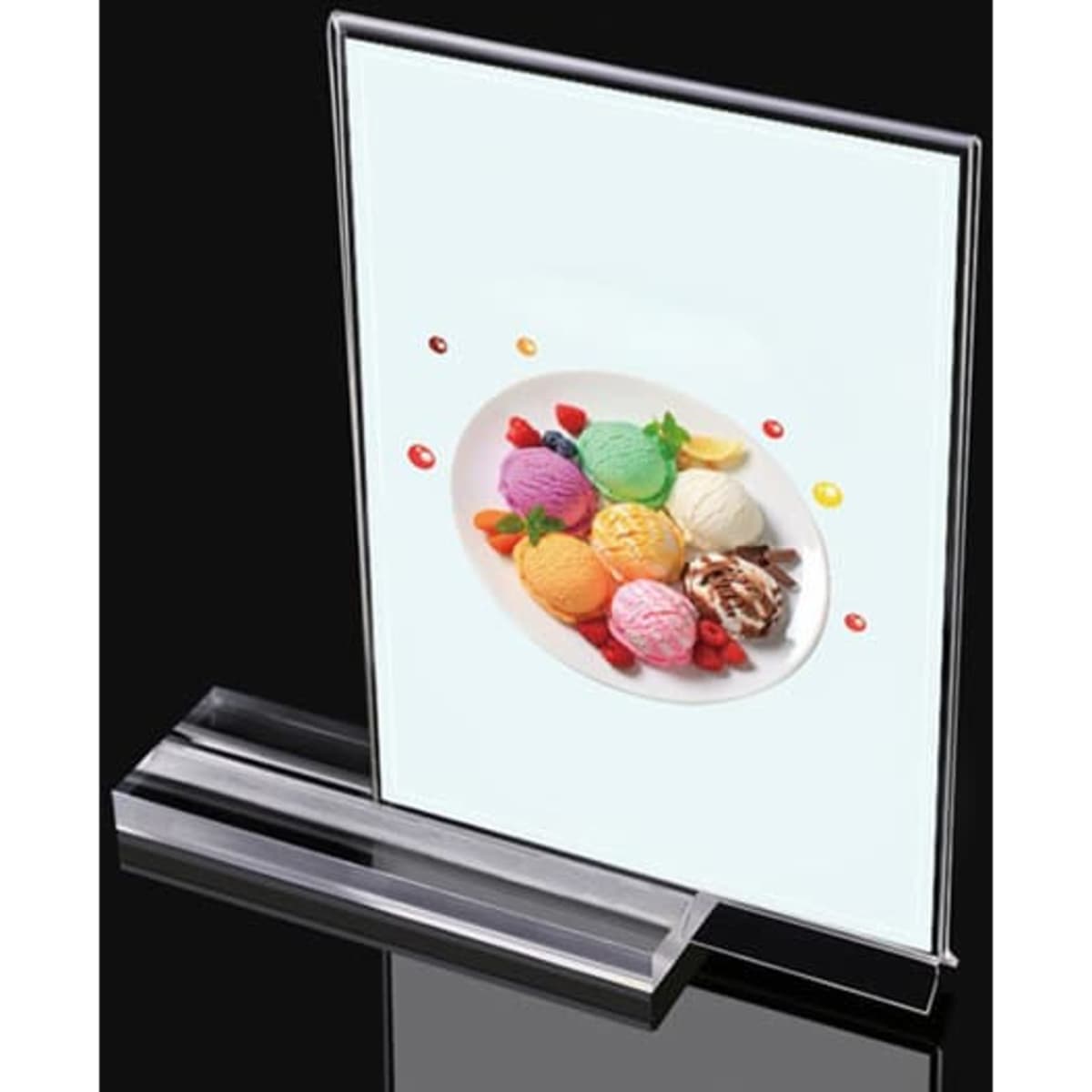 A clear acrylic sign holder in a T shape, displaying a colourful plate of ice cream and fruit.