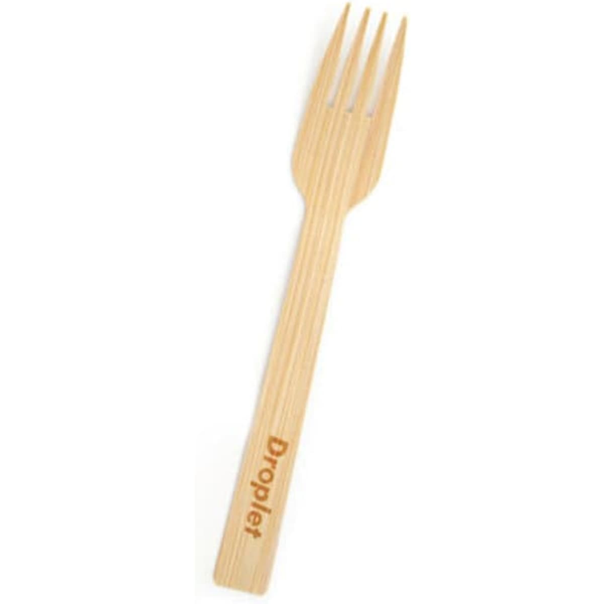 A biodegradable disposable bamboo fork in a light natural colour with a logo. Suitable for eco-friendly dining.