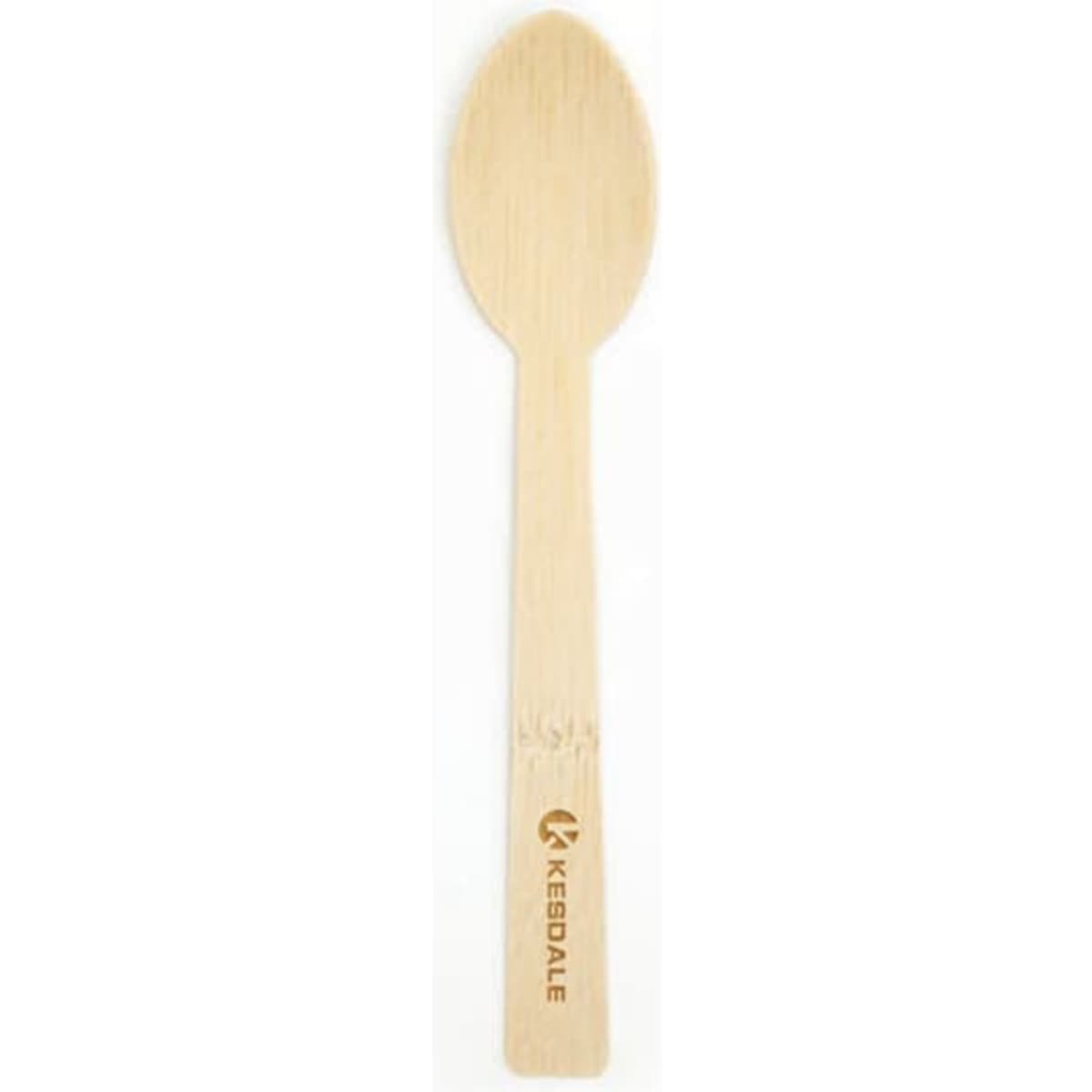 A biodegradable disposable bamboo spoon in a natural beige colour, featuring a subtle logo.