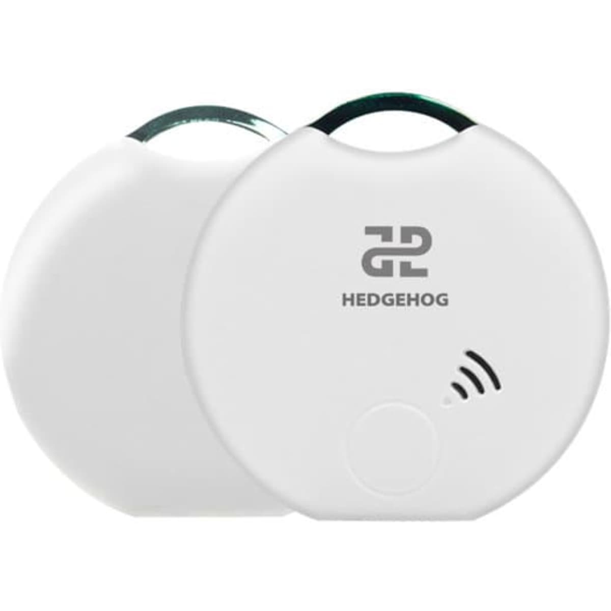 A round, white wireless positioning tracker with a logo on the front and a signal icon.